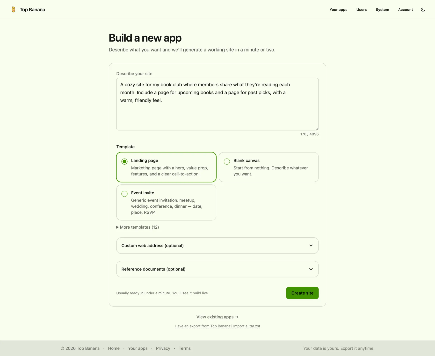 Top Banana's build screen: a text box describing a cozy book-club site, a template picker with 'Landing page' selected, and a green 'Create site' button.