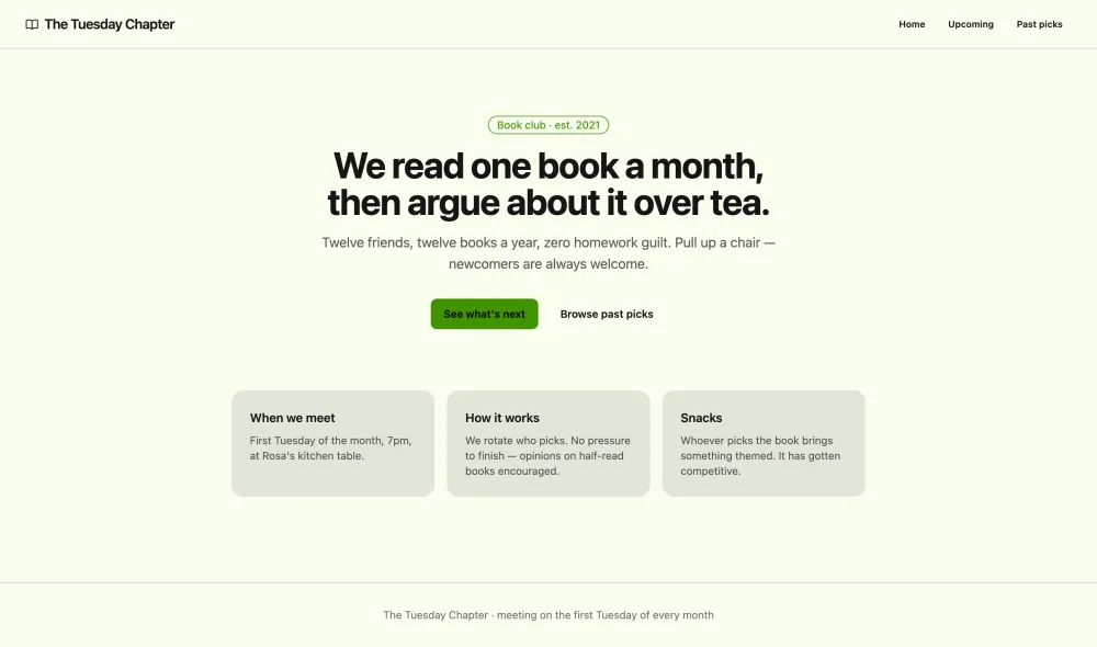 A book-club website built with Top Banana, headlined 'We read one book a month, then argue about it over tea,' with sections for when they meet, how it works, and snacks.