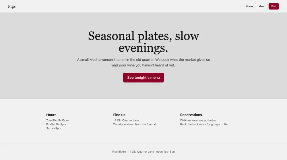 A neighborhood restaurant website built with Top Banana for Figs bistro, with the tagline 'Seasonal plates, slow evenings' and its hours and reservations.